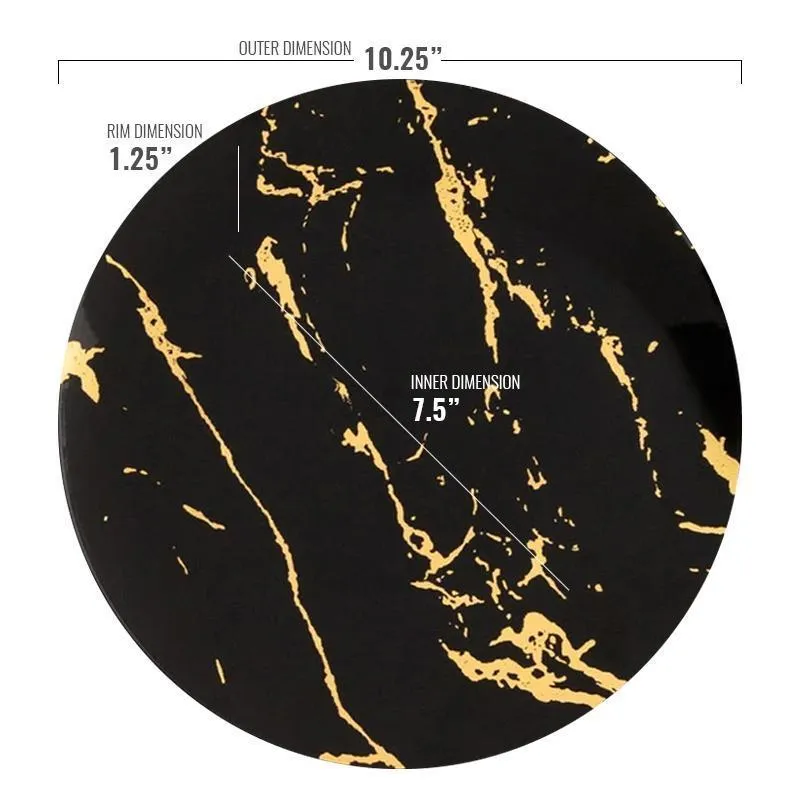 10.25" Black with Gold Stroke Round Plastic Disposable Dinner Plates