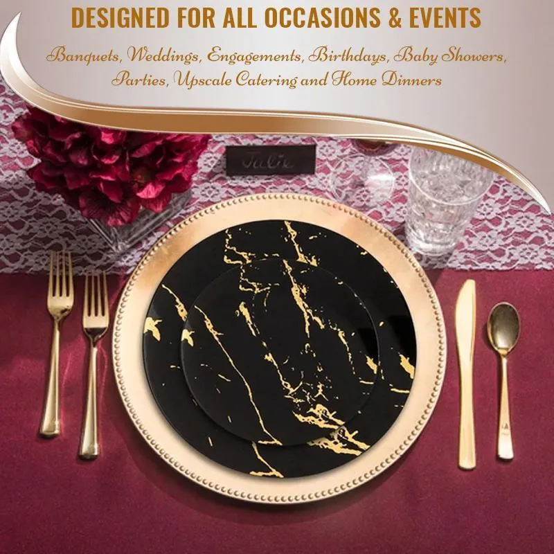 10.25" Black with Gold Stroke Round Plastic Disposable Dinner Plates