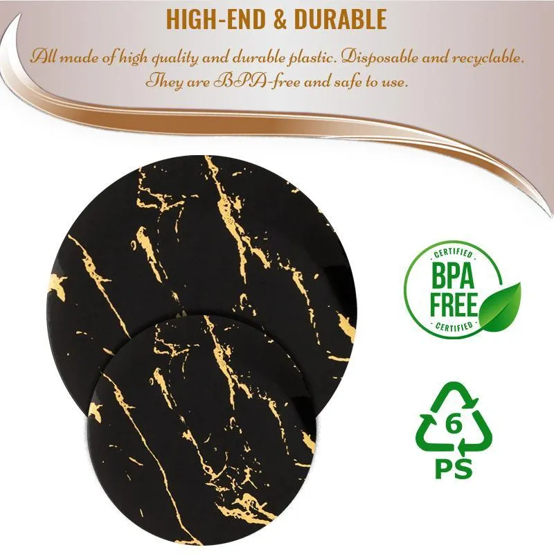 10.25" Black with Gold Stroke Round Plastic Disposable Dinner Plates