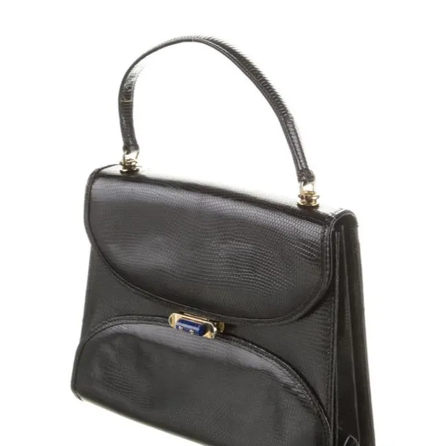 1960's Gucci black lizard top handle Kelly bag w blue lapis clasp