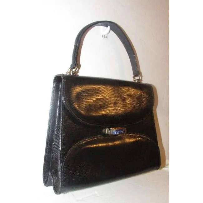 1960's Gucci black lizard top handle Kelly bag w blue lapis clasp