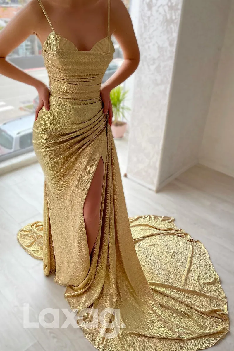 19739 - Spaghetti Thigh Slit Gold Metallic Prom Dress