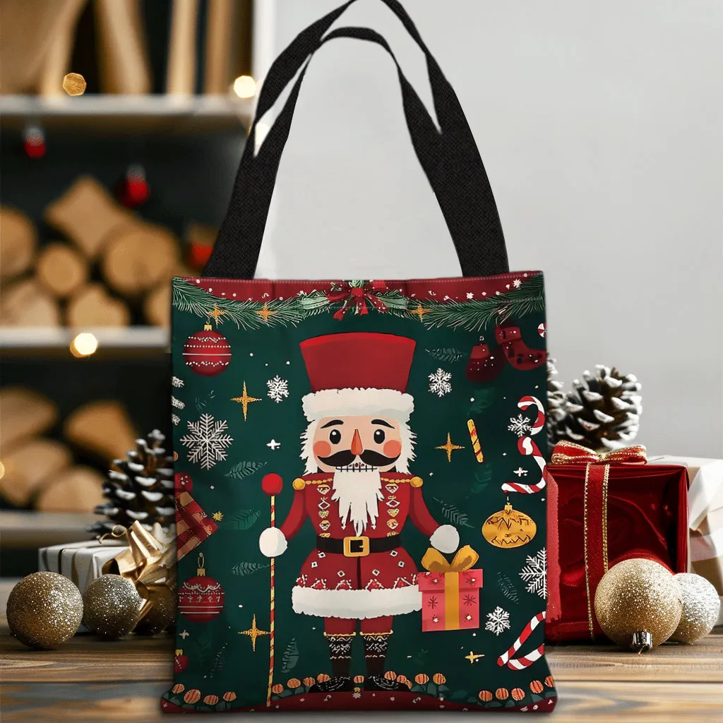 1pc, JIT  Christmas Nutcracker Canvas Tote Bag, Elegant Polyester Shopping & Gift Bag, Unisex, Machine Washable, No Iron, No Lining, Random Print, Durable Shoulder Straps