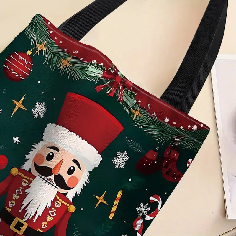 1pc, JIT  Christmas Nutcracker Canvas Tote Bag, Elegant Polyester Shopping & Gift Bag, Unisex, Machine Washable, No Iron, No Lining, Random Print, Durable Shoulder Straps