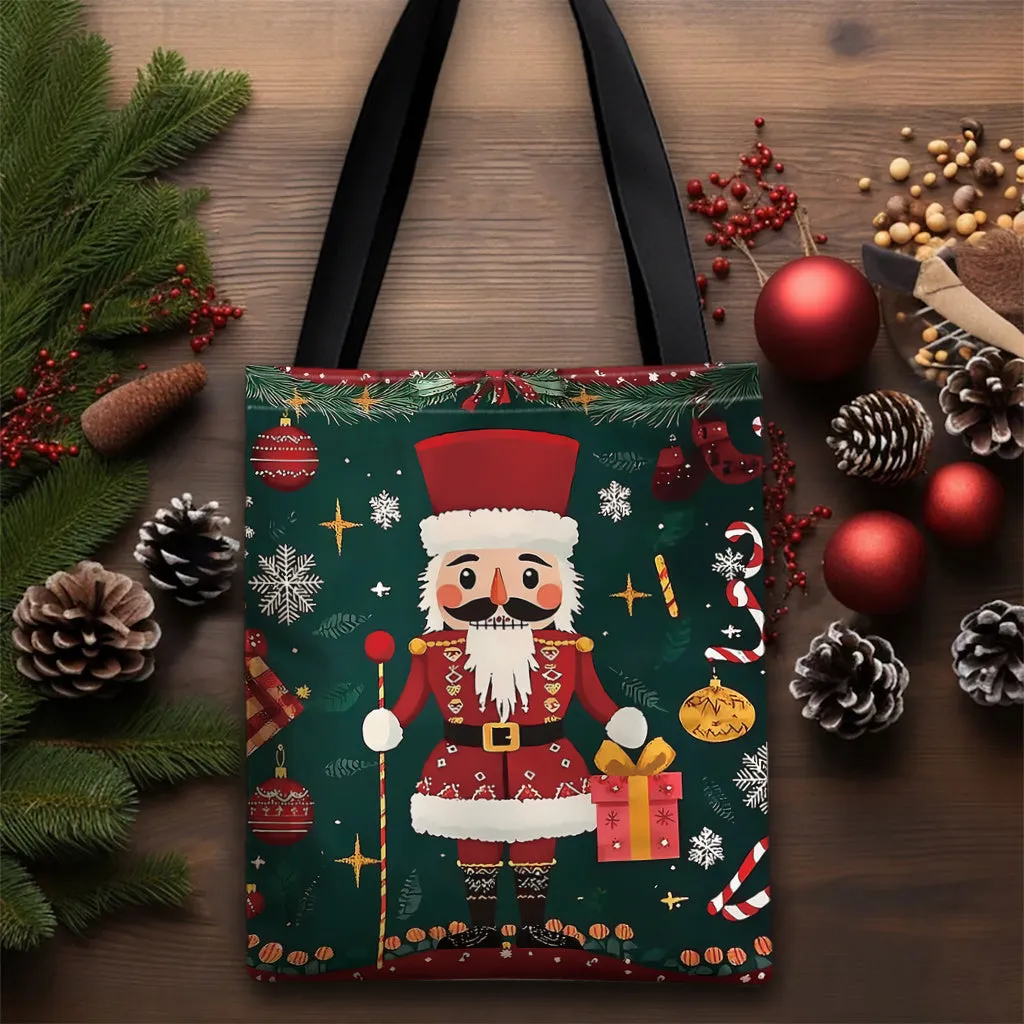1pc, JIT  Christmas Nutcracker Canvas Tote Bag, Elegant Polyester Shopping & Gift Bag, Unisex, Machine Washable, No Iron, No Lining, Random Print, Durable Shoulder Straps