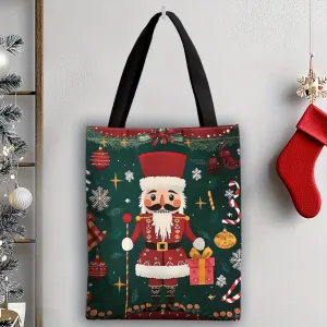 1pc, JIT  Christmas Nutcracker Canvas Tote Bag, Elegant Polyester Shopping & Gift Bag, Unisex, Machine Washable, No Iron, No Lining, Random Print, Durable Shoulder Straps