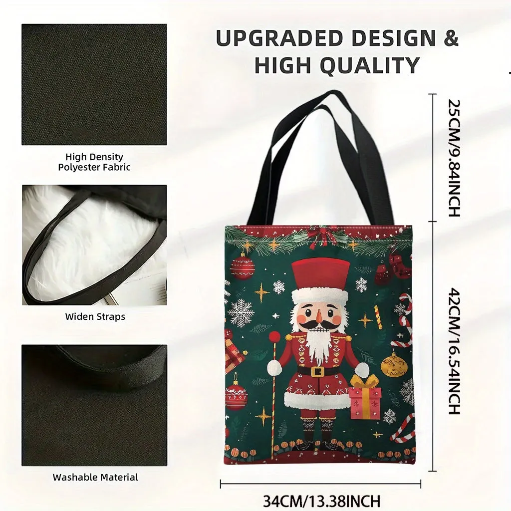 1pc, JIT  Christmas Nutcracker Canvas Tote Bag, Elegant Polyester Shopping & Gift Bag, Unisex, Machine Washable, No Iron, No Lining, Random Print, Durable Shoulder Straps