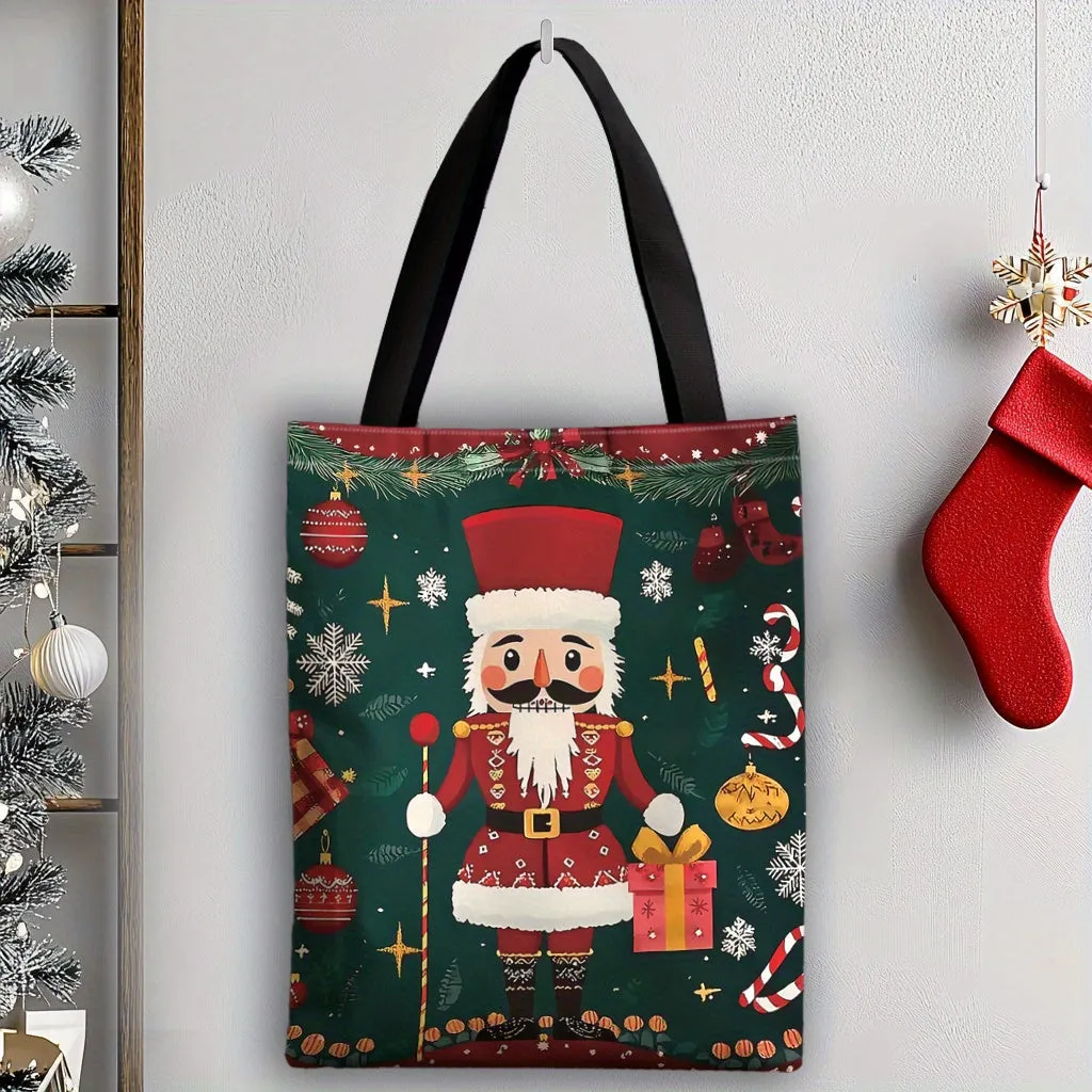 1pc, JIT  Christmas Nutcracker Canvas Tote Bag, Elegant Polyester Shopping & Gift Bag, Unisex, Machine Washable, No Iron, No Lining, Random Print, Durable Shoulder Straps