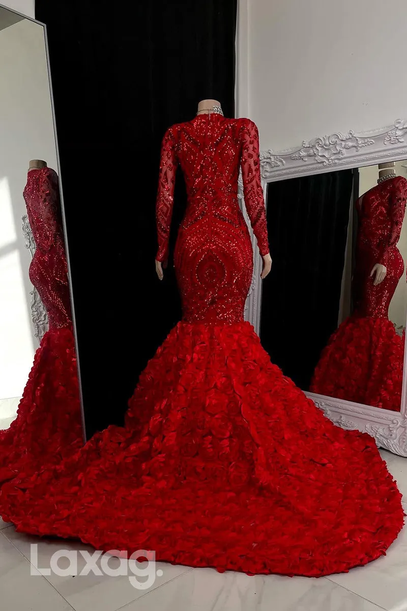 22570 - V-Neck Long Sleeves Sequins Mermaid Prom Dresses for Black Girl Slay