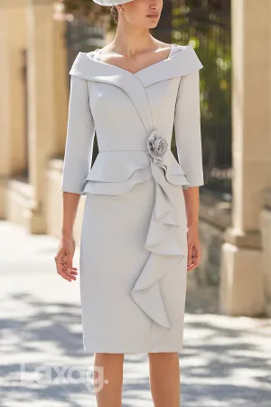 22849 - Bateau Lace Beaded Half Sleeves Sleek Satin Knee-Length Mother of the Bride Dress