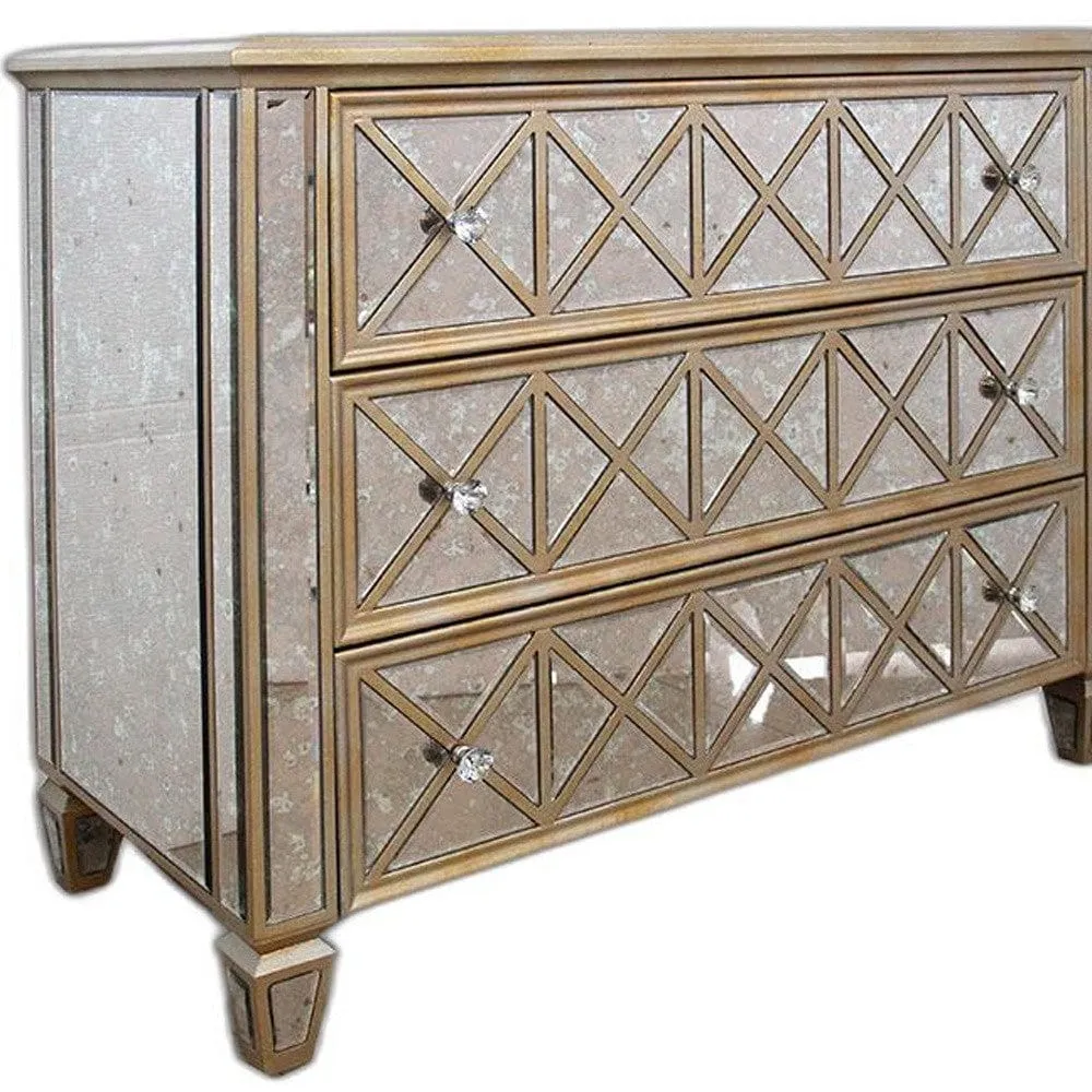 34" Mirrored Glass And Mdf Dresser With 3 Drawers