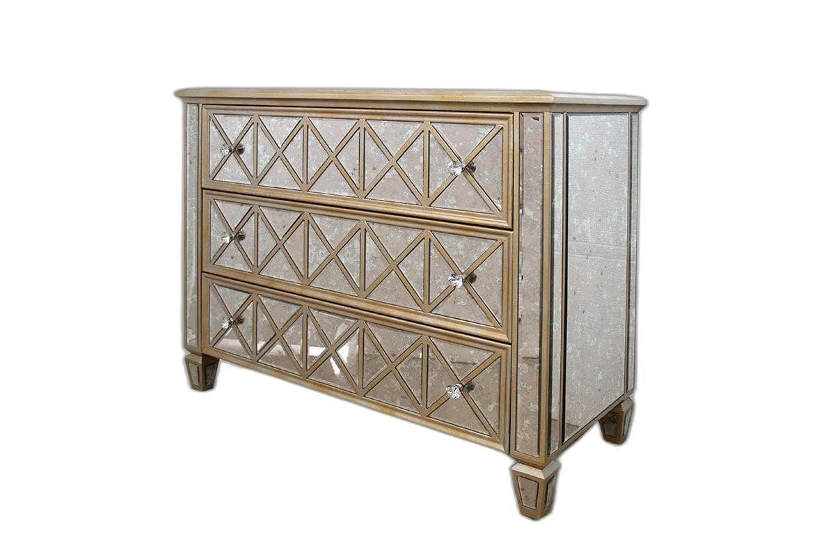 34" Mirrored Glass And Mdf Dresser With 3 Drawers