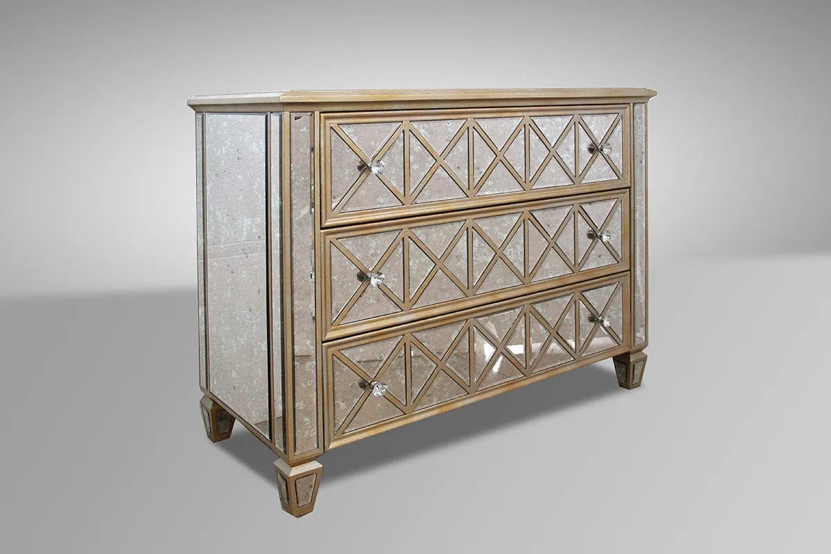 34" Mirrored Glass And Mdf Dresser With 3 Drawers