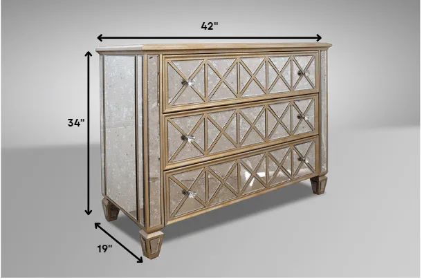 34" Mirrored Glass And Mdf Dresser With 3 Drawers