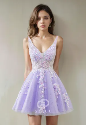 A-Line V Neck Straps Tulle Appliques Back Zipper Short Homecoming Dress