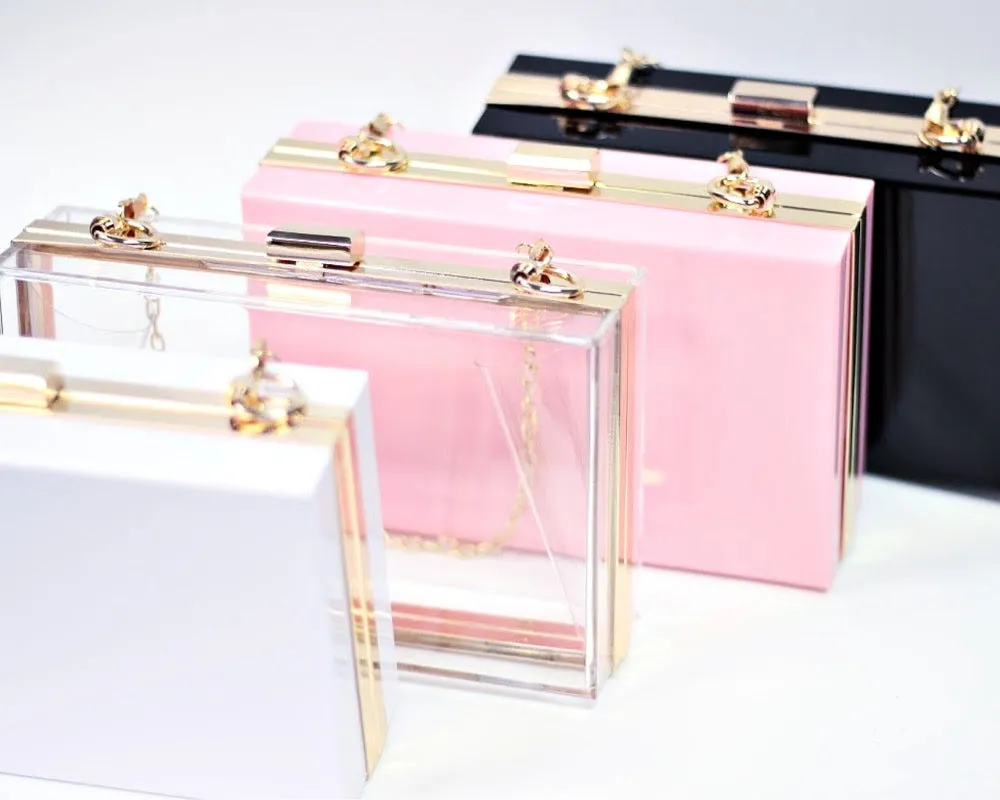 Acrylic clutch bag shoulder bag with removable chain White