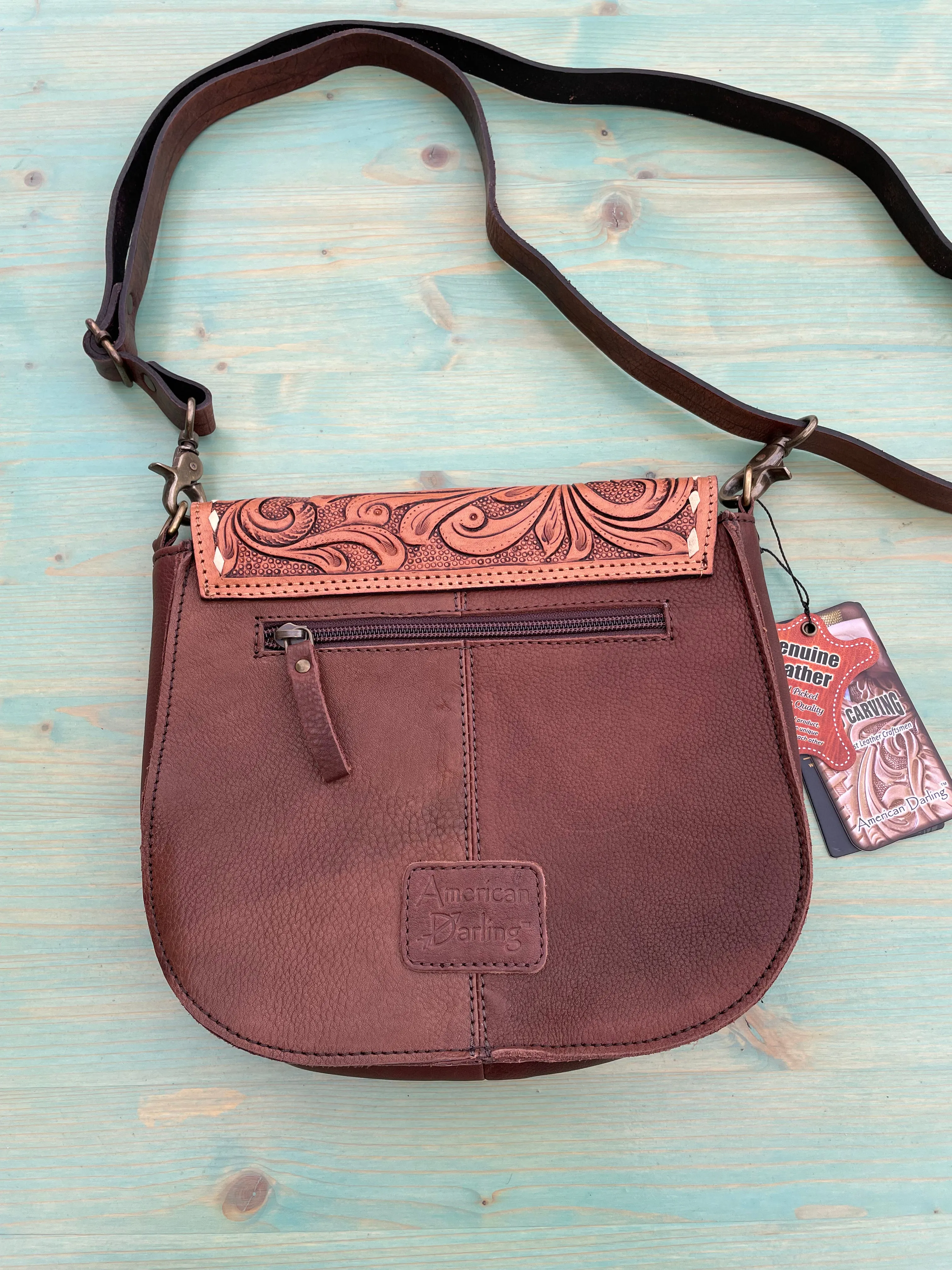 American Darling ADBGA211A Tooled Leather Hair on Hide Crossbody Purse, Brown