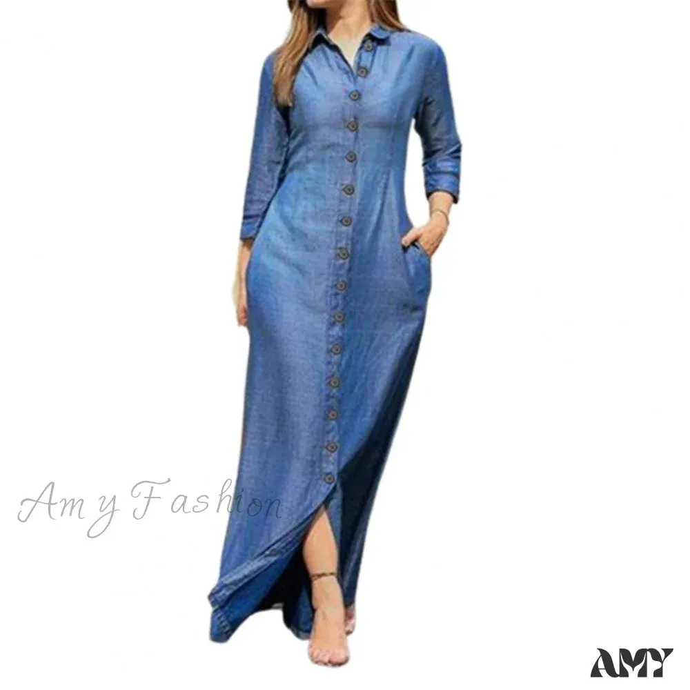 Amy Fashion - New Shirt Collar Button Long Denim Skirt Dress