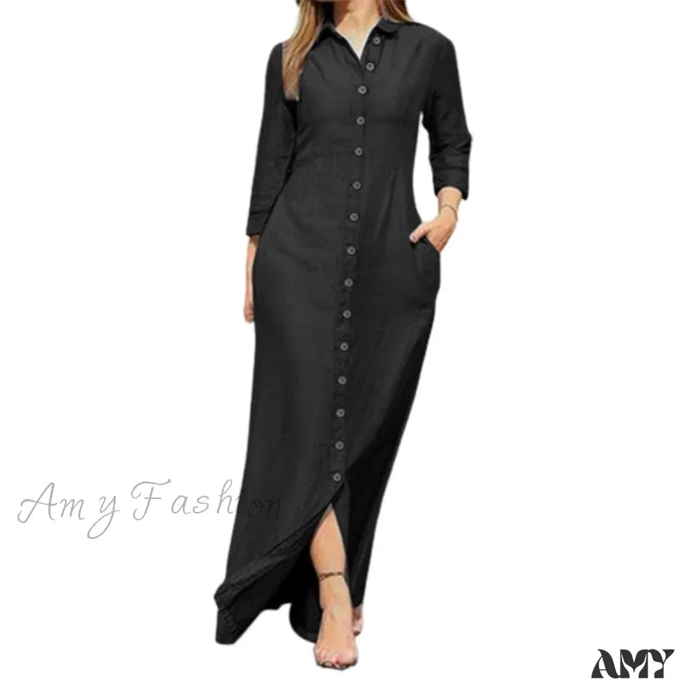 Amy Fashion - New Shirt Collar Button Long Denim Skirt Dress