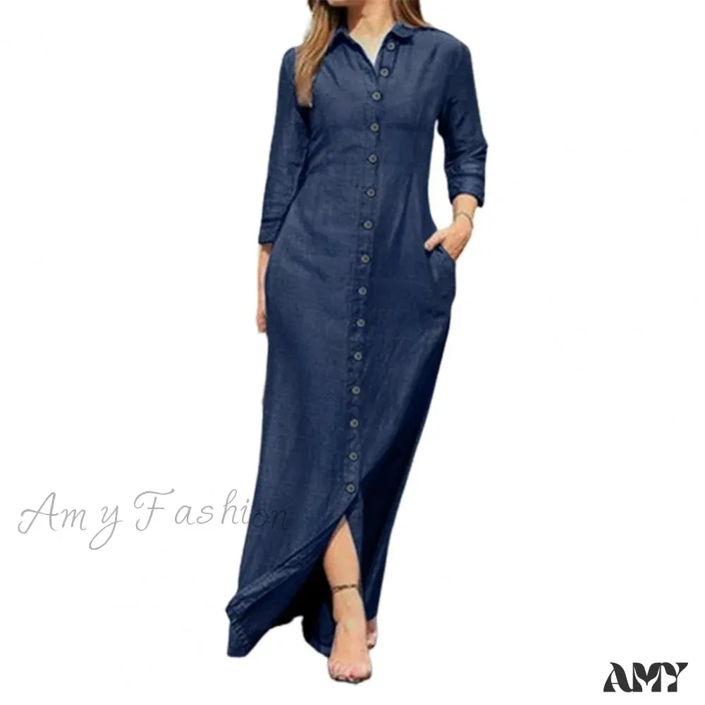 Amy Fashion - New Shirt Collar Button Long Denim Skirt Dress