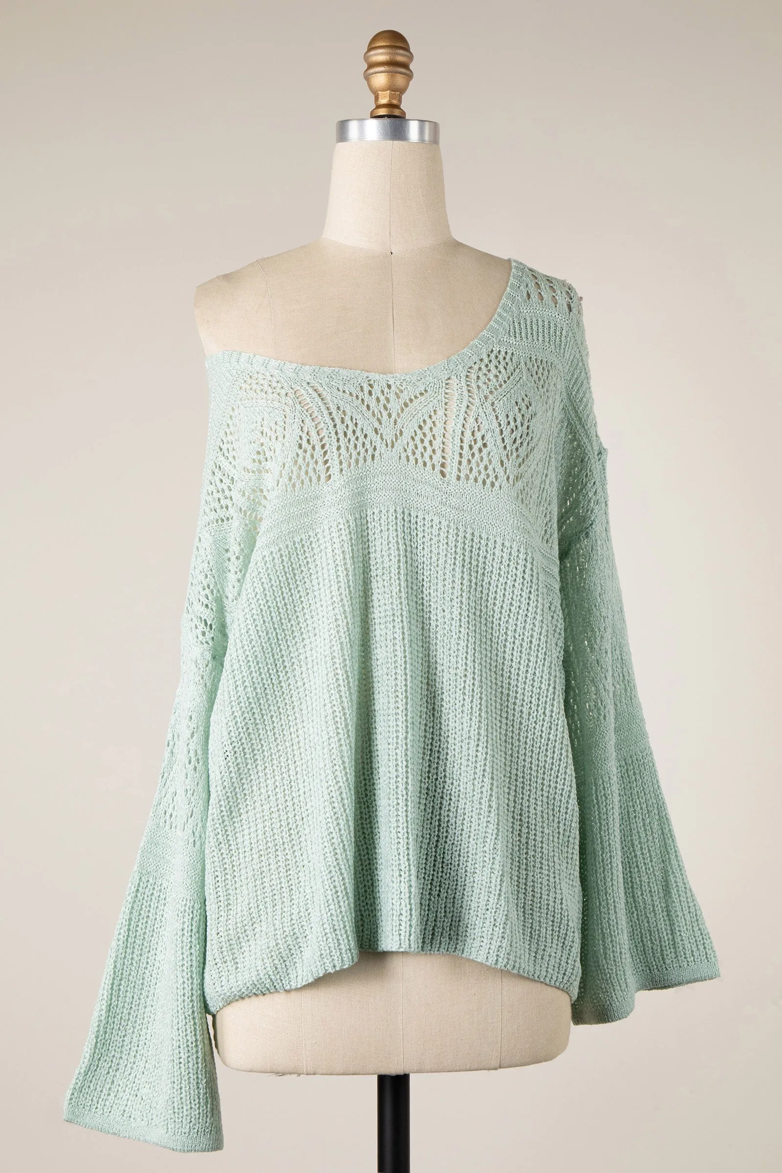 BELL SLEEVE V NECK OPEN CROCHET KNIT SWEATER TOP 1 PACK