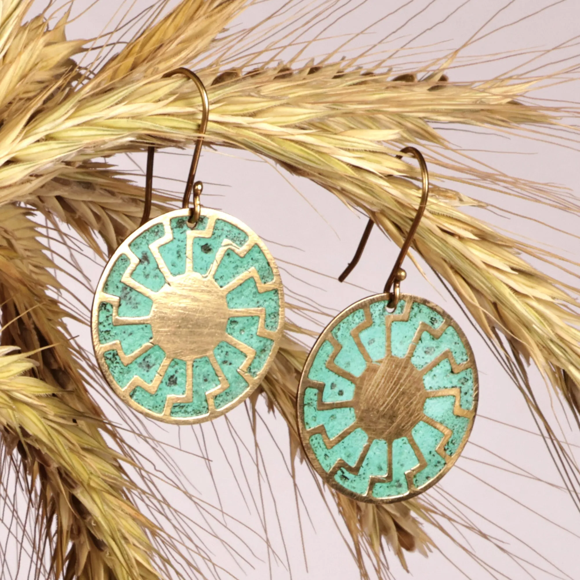 Brass Sun Dangle Earrings with Antique Oxidized Finish - Armenian Sunrays | NOVICA