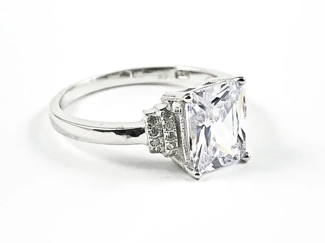 Classic Elegant Rectangle Center CZ Trillion Style Design Silver Ring