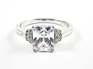 Classic Elegant Rectangle Center CZ Trillion Style Design Silver Ring