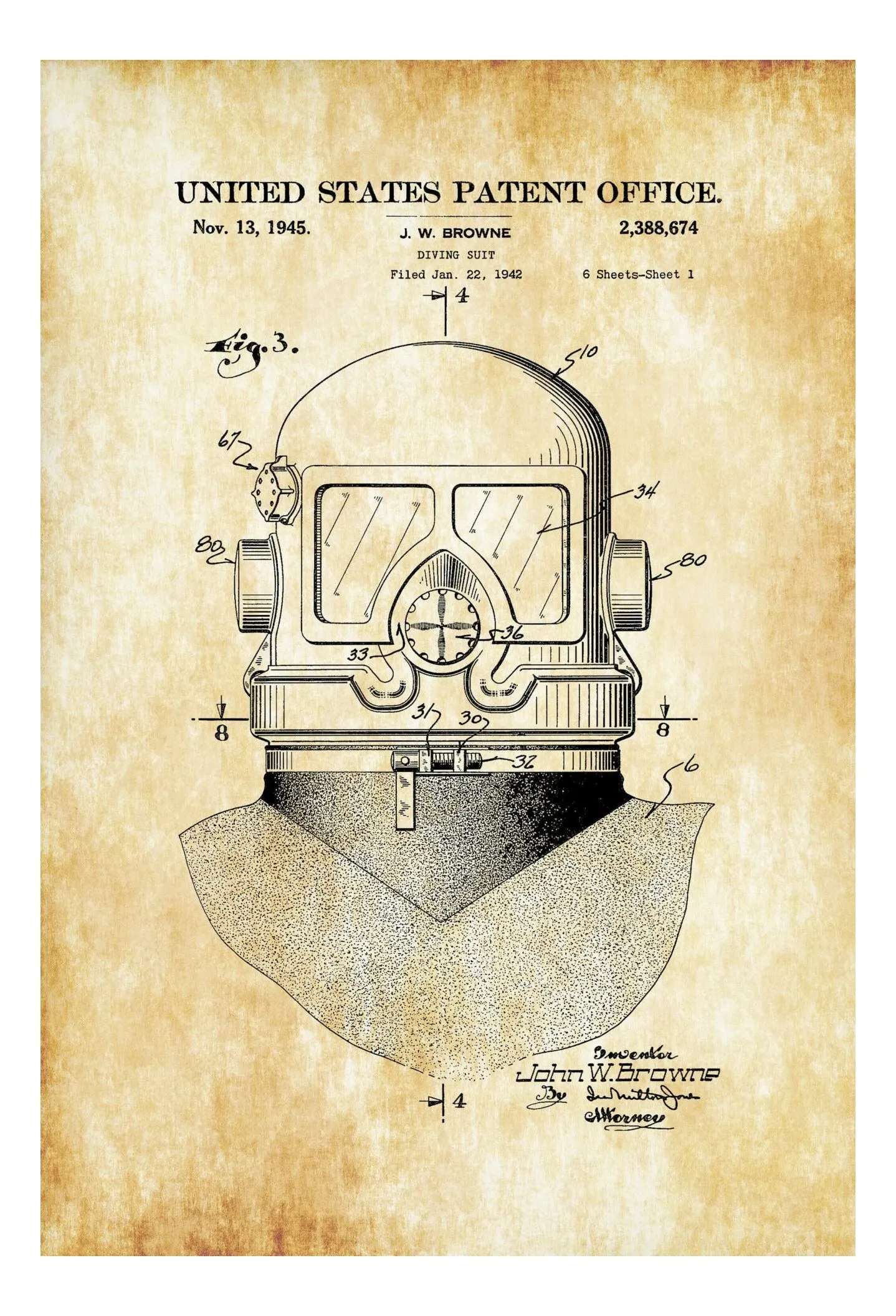 Diving Suit Helmet Patent, Patent Poster, Wall Decor, Diver Gift, Scuba Gift, Scuba Diver, Deep Sea Diver, Nautical Decor, Beach House Decor