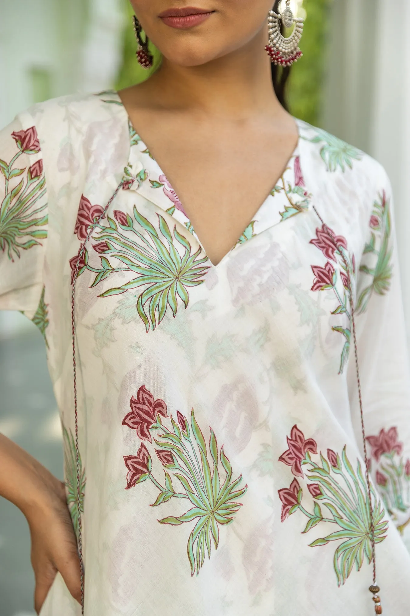 Elegant Double-Layered Mul Handblock Boota & Jaal Print Bias-Cut Dress