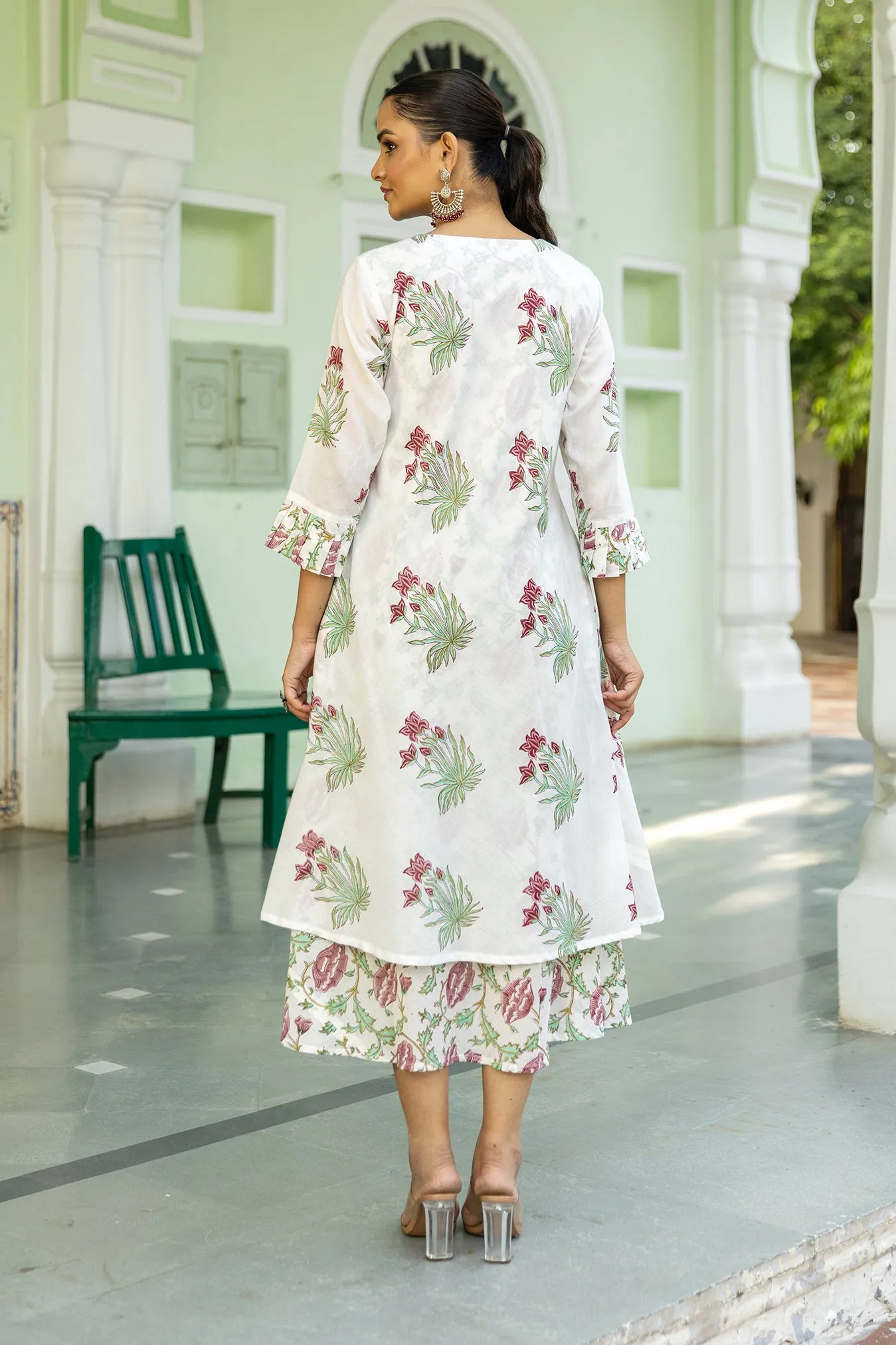 Elegant Double-Layered Mul Handblock Boota & Jaal Print Bias-Cut Dress