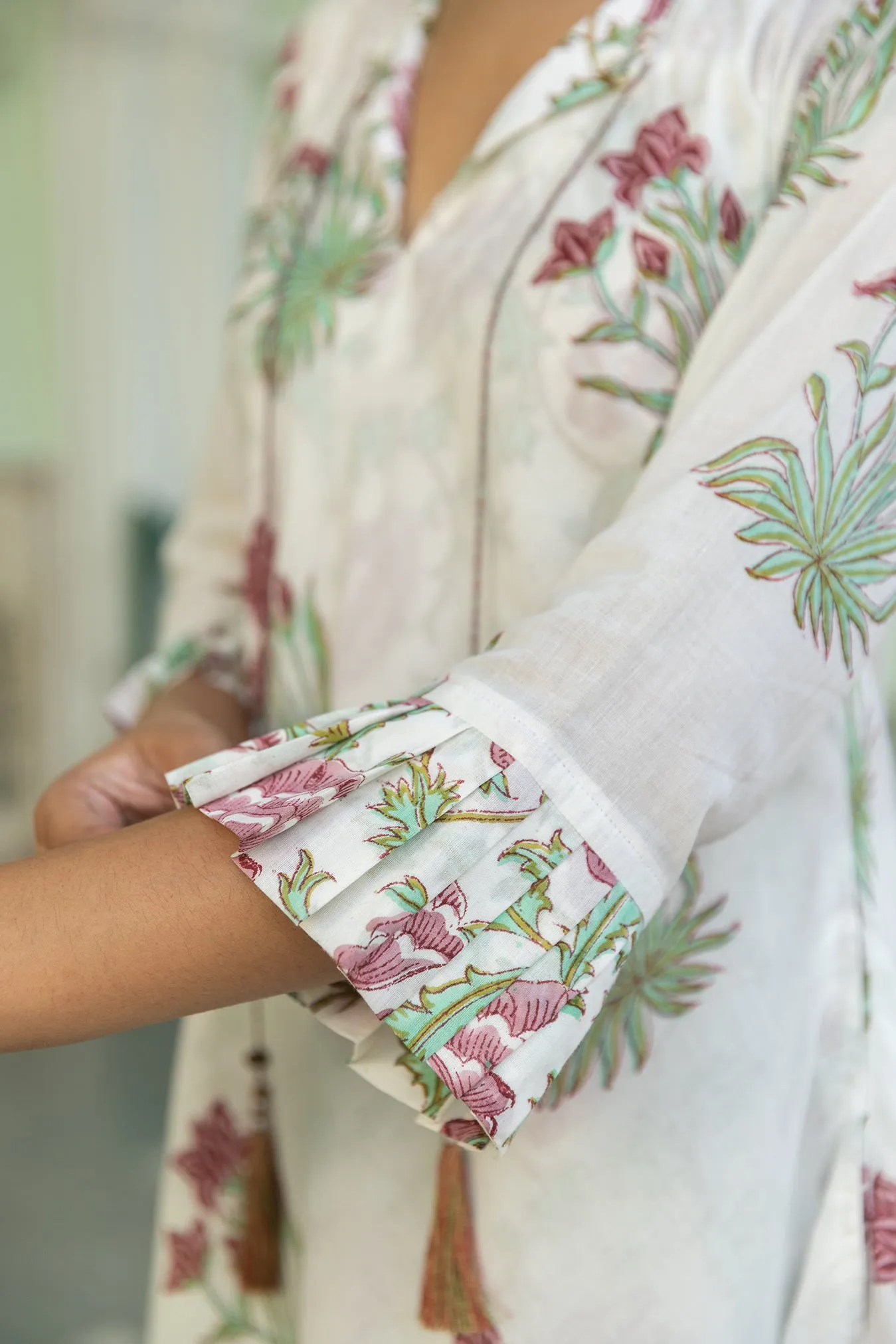 Elegant Double-Layered Mul Handblock Boota & Jaal Print Bias-Cut Dress