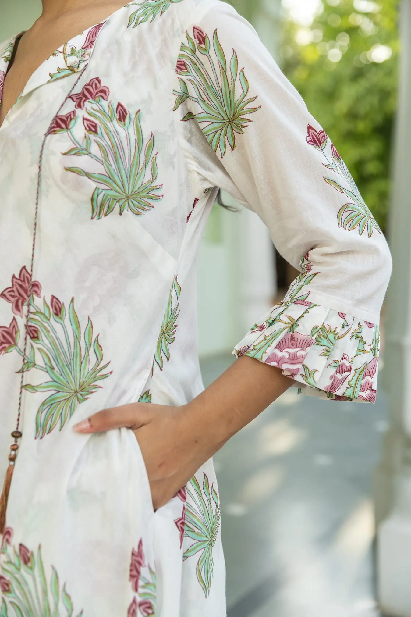 Elegant Double-Layered Mul Handblock Boota & Jaal Print Bias-Cut Dress