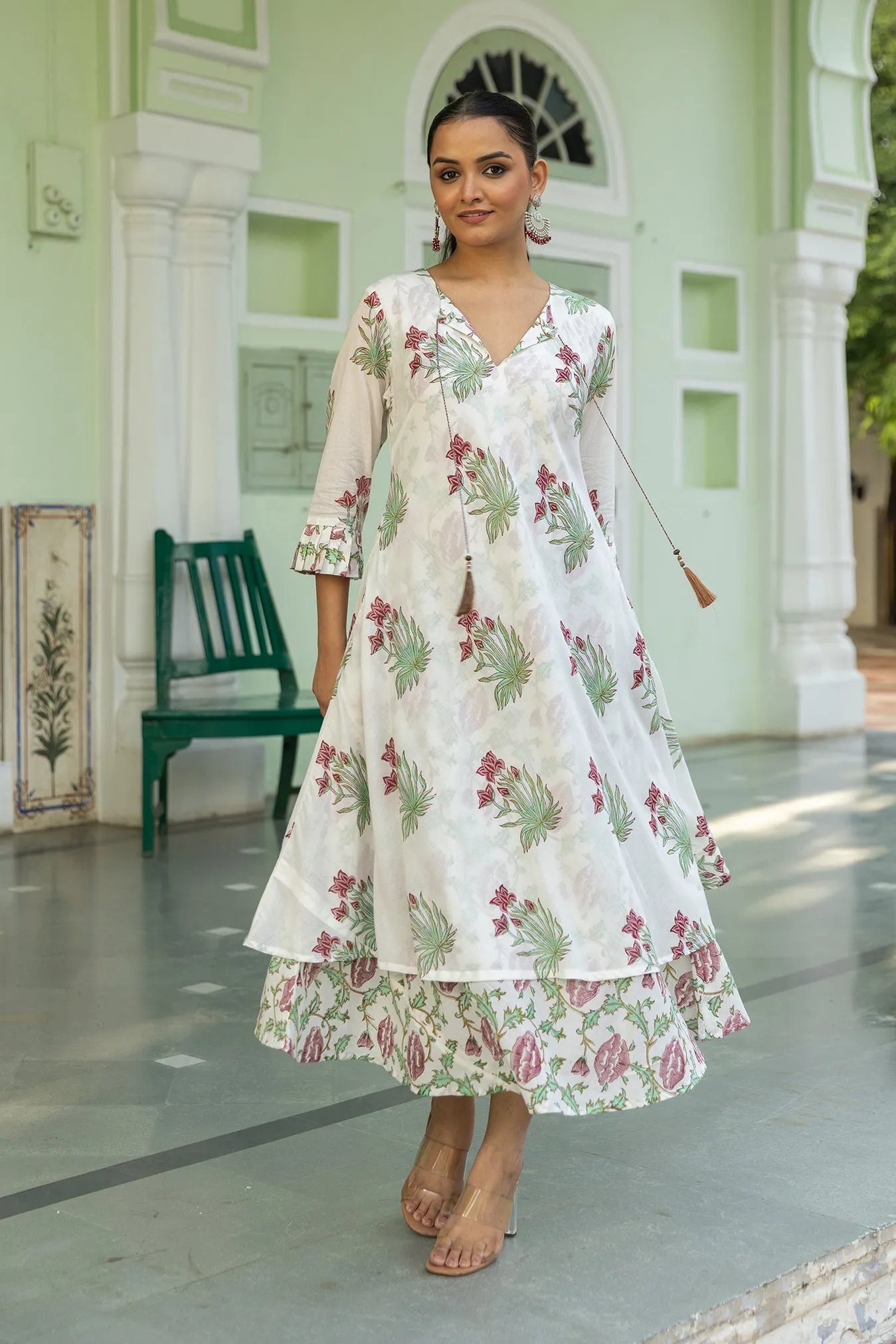 Elegant Double-Layered Mul Handblock Boota & Jaal Print Bias-Cut Dress