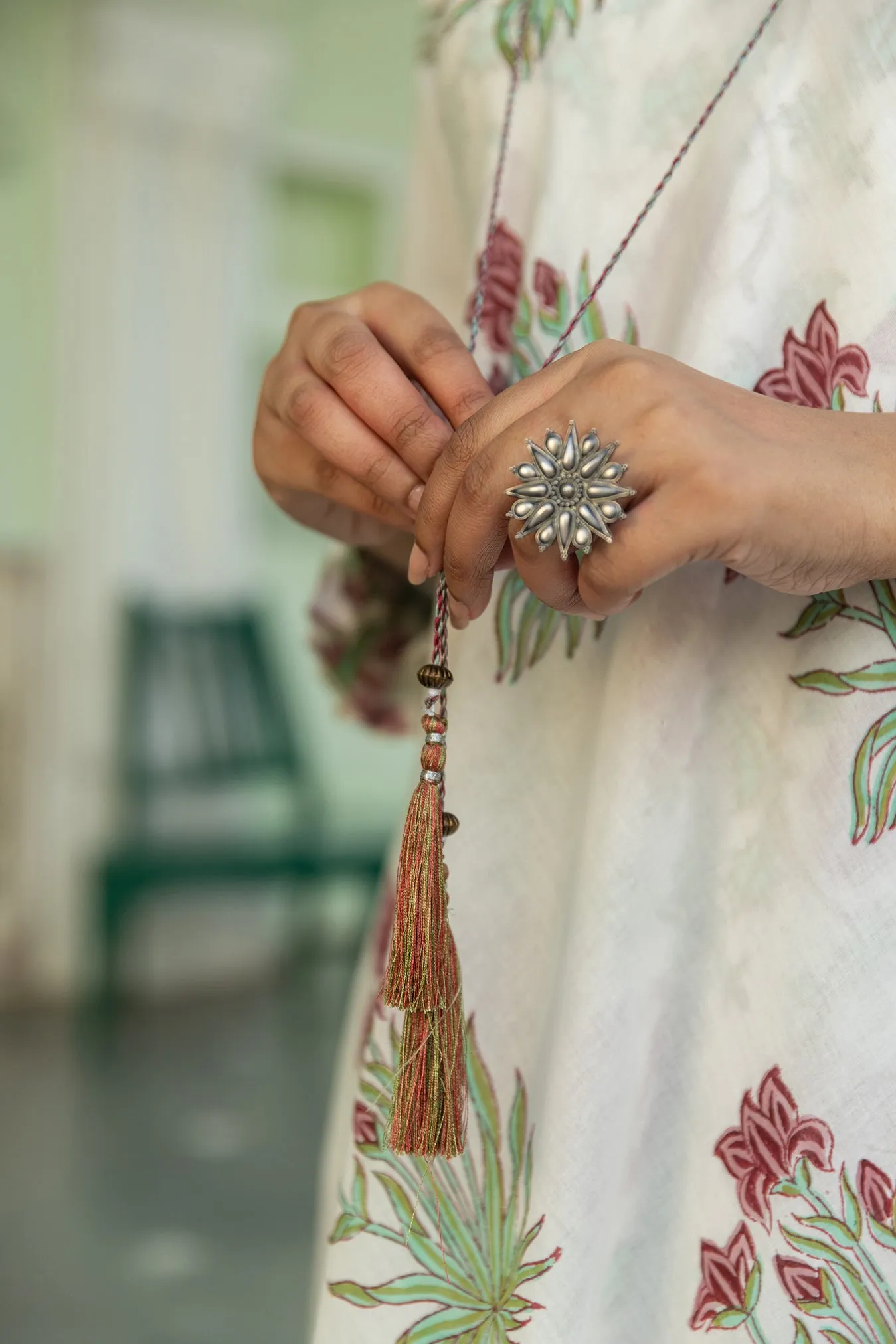 Elegant Double-Layered Mul Handblock Boota & Jaal Print Bias-Cut Dress