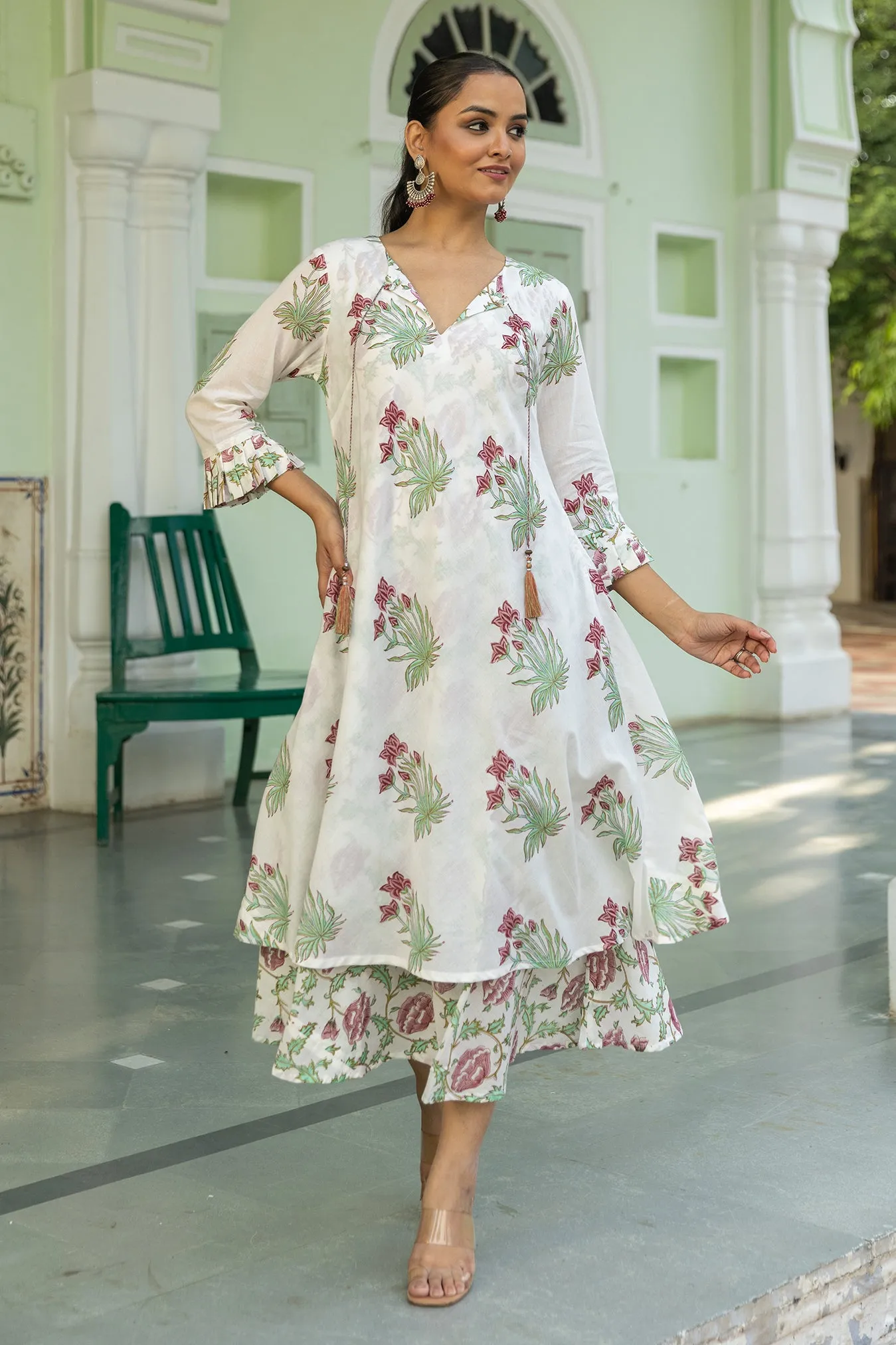 Elegant Double-Layered Mul Handblock Boota & Jaal Print Bias-Cut Dress
