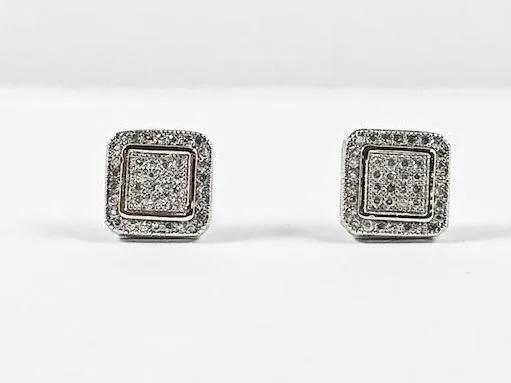 Elegant Fine Pave Style Settings Square Stud CZ Silver Earrings