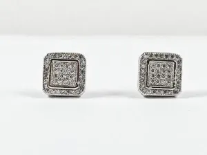 Elegant Fine Pave Style Settings Square Stud CZ Silver Earrings