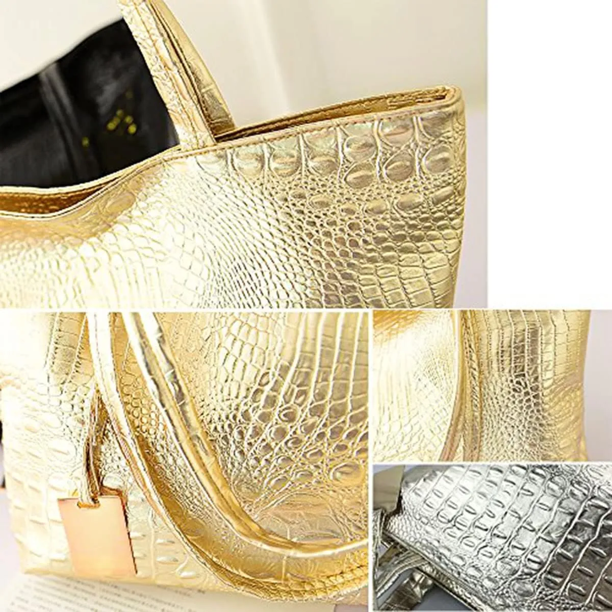 Fashionable Coral Pink Crocodile Printed Tote Style Handbag