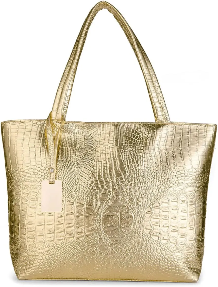 Fashionable Coral Pink Crocodile Printed Tote Style Handbag