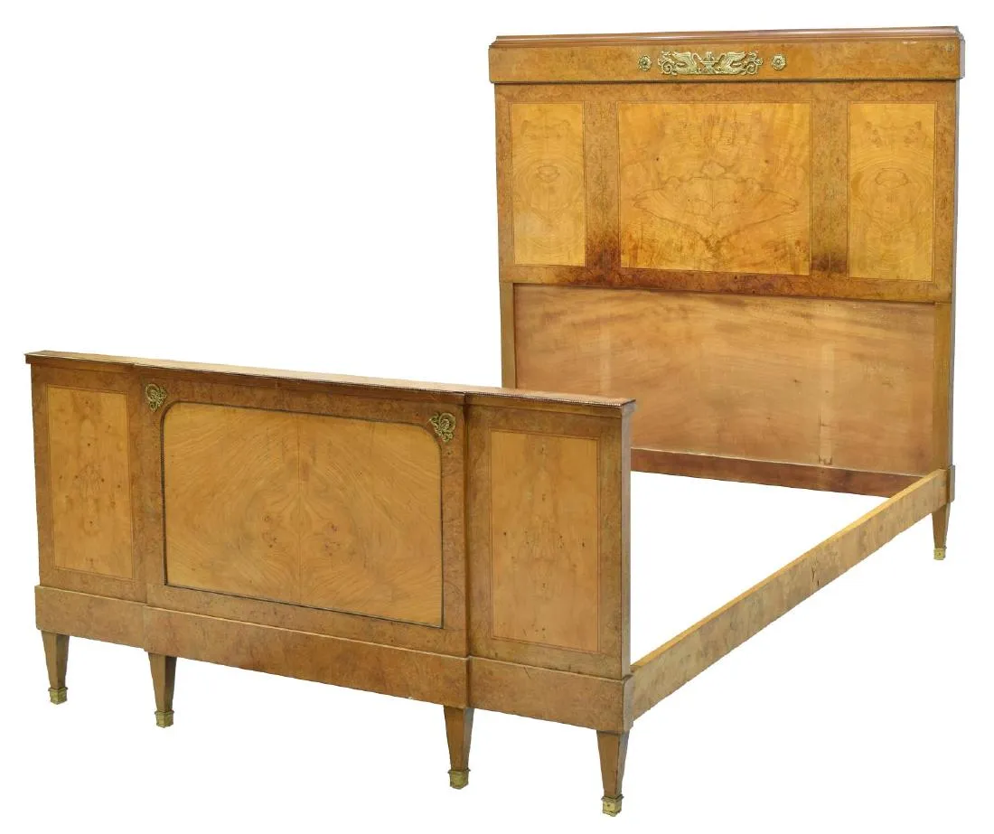 FRENCH EMPIRE STYLE BURL WOOD ORMOLU BED, antique