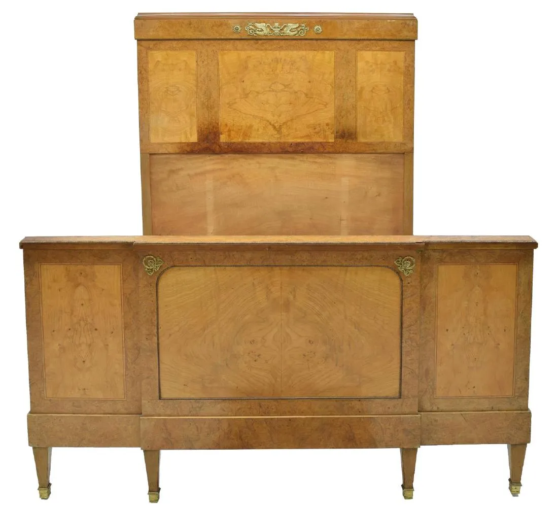 FRENCH EMPIRE STYLE BURL WOOD ORMOLU BED, antique