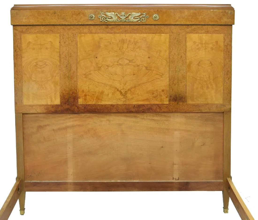 FRENCH EMPIRE STYLE BURL WOOD ORMOLU BED, antique