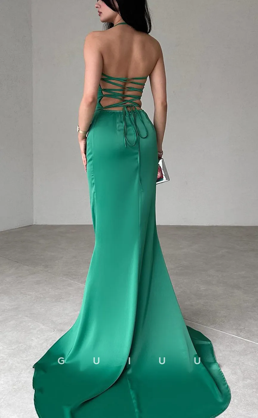 G4120 -  Simple & Casual Mermaid Straps Sleeveless Criss-Cross Straps Long Prom Dress with Train
