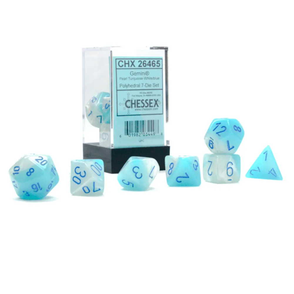 Gemini Polyhedral Gel Pearl Turquoise-White/blue Luminary 7-Die Set
