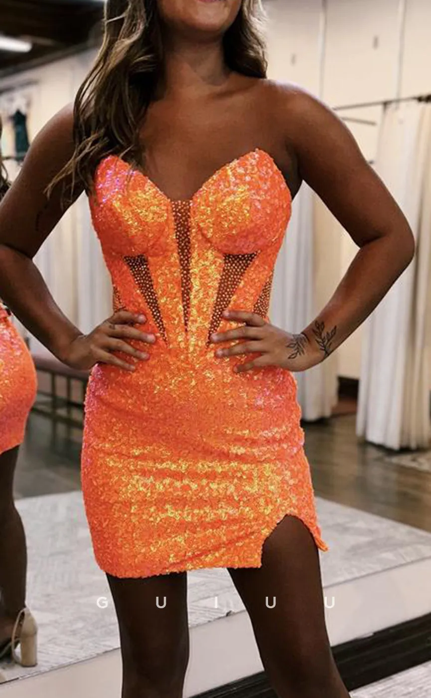 GH816 - Sexy & Fitted Sequins Strapless Sheer Short Mini Homecoming Party Dress