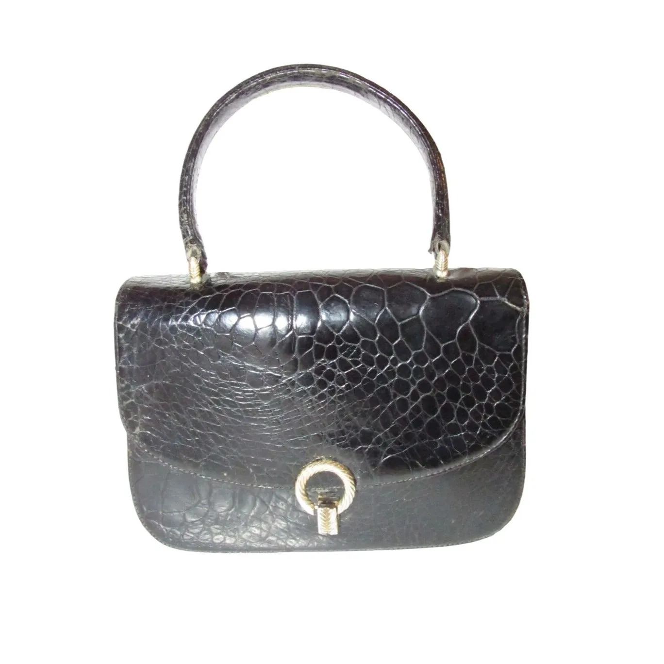 Giorgio GUCCI, Bamboo 1947 style, dark navy crocodile leather, top handle purse with sterling hardware, a boxy, structured shape, & an envelope style top