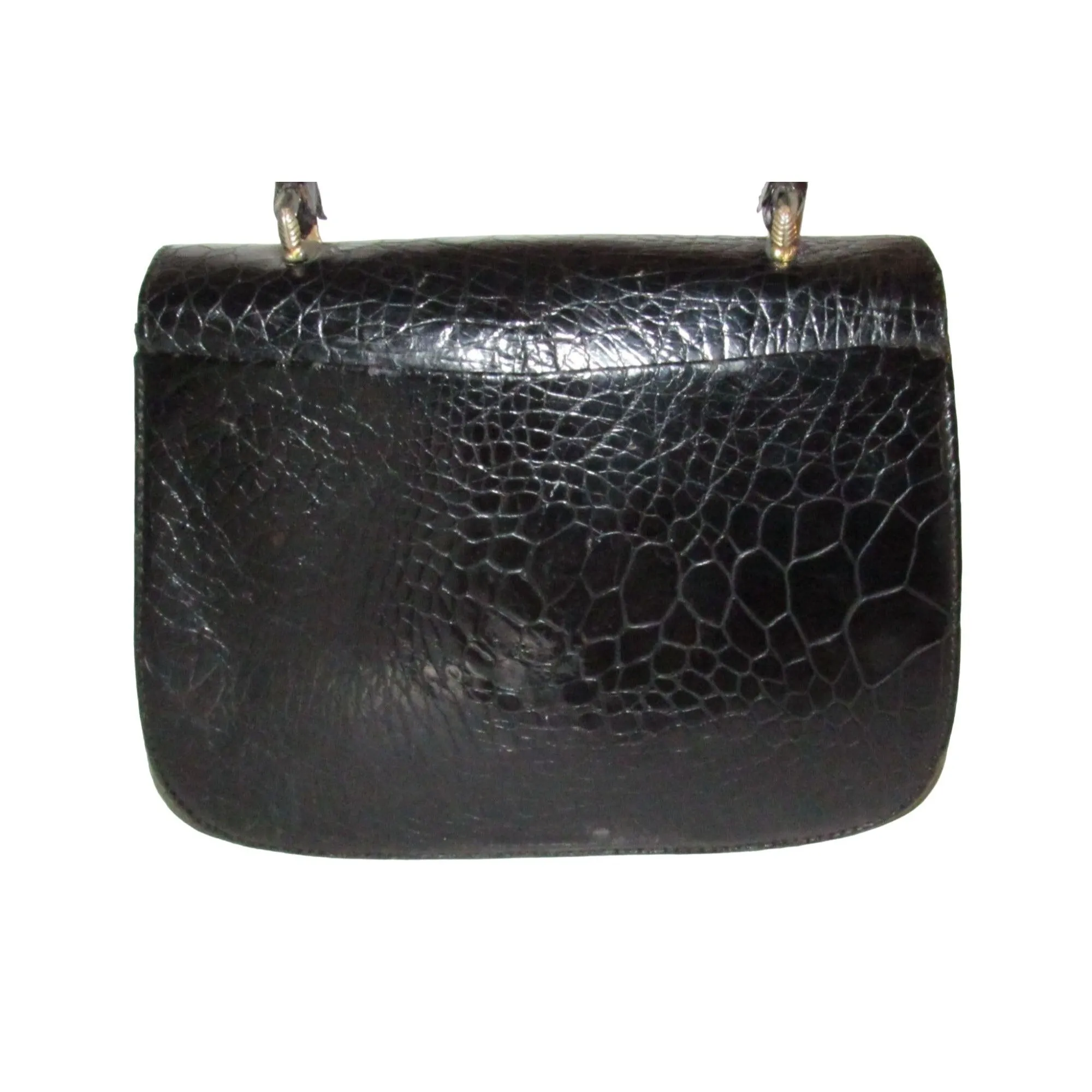 Giorgio GUCCI, Bamboo 1947 style, dark navy crocodile leather, top handle purse with sterling hardware, a boxy, structured shape, & an envelope style top