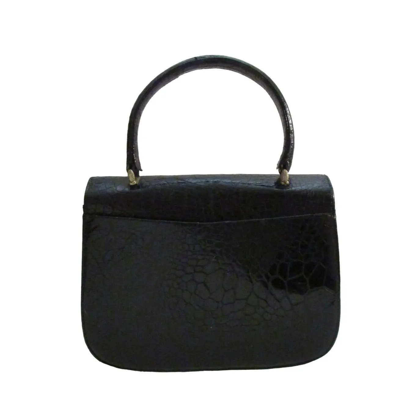 Giorgio GUCCI, Bamboo 1947 style, dark navy crocodile leather, top handle purse with sterling hardware, a boxy, structured shape, & an envelope style top