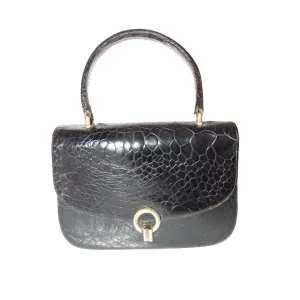 Giorgio GUCCI, Bamboo 1947 style, dark navy crocodile leather, top handle purse with sterling hardware, a boxy, structured shape, & an envelope style top